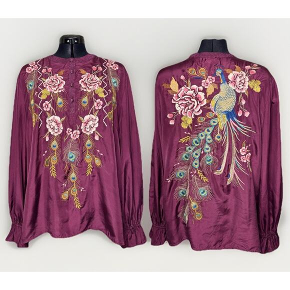 Johnny Was Workshop XL Purple Silk Peacock Quito Blouse Embroidery Button V Neck - Picture 1 of 12
